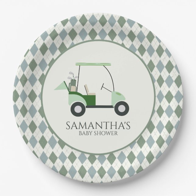 Green Modern Golf Baby Gender Reveal Par-tee Paper Plate (Front)