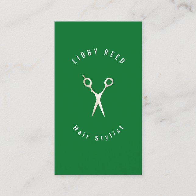 Green Modern Hair Stylist Gold Scissors Salon Business Card (Front)