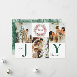 Green Modern Holly Berries 3 Photo Joy Christmas Holiday Card