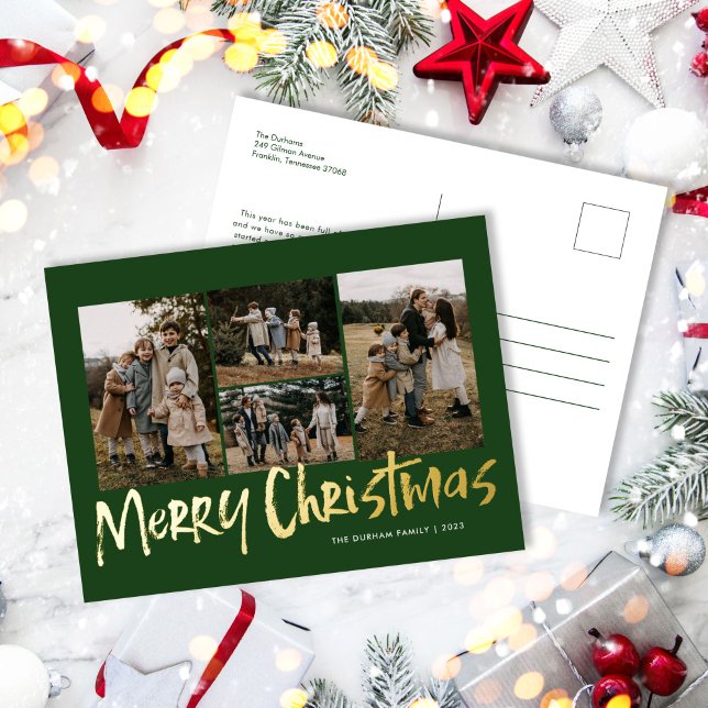Green Modern Lettering Five Photo Merry Christmas  Foil Holiday Postcard (Creator Uploaded)