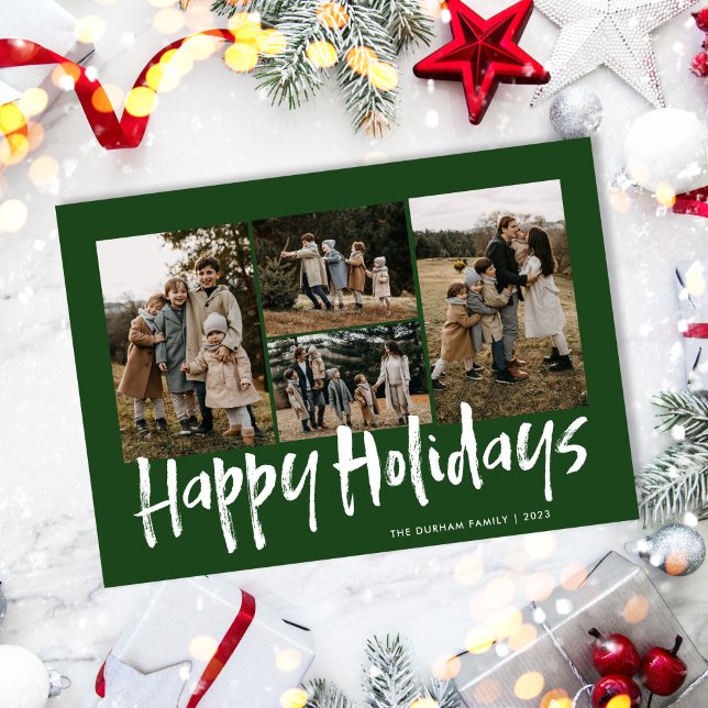Green Modern Lettering Four Photo Happy Holiday Card (Creator Uploaded)