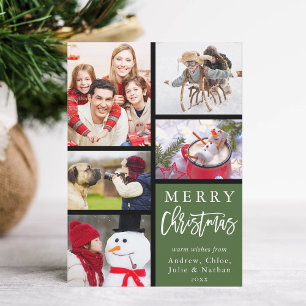 Green Modern Merry Christmas Photo Collage Holiday Card