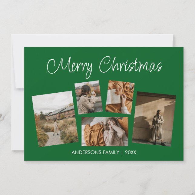 Green Modern Merry Christmas Photo Collage  Holiday Card (Front)
