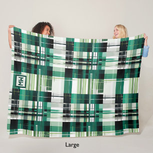 Green modern plaid geometric monogram fleece blanket