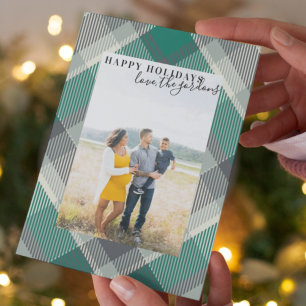 Green Modern Plaid Happy Holidays Photo Holiday Card