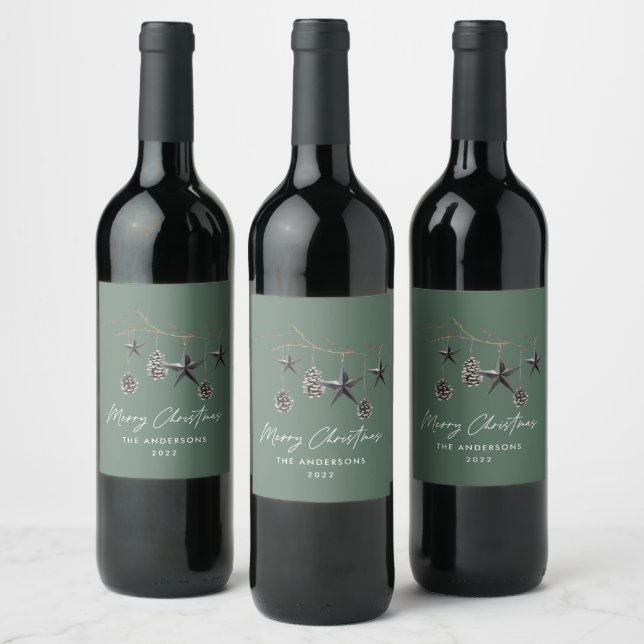 Green modern scandi elegant script Christmas Wine Label (Bottles)