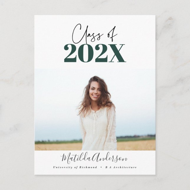 green modern script graduation photo class of 2022 postcard (Front)