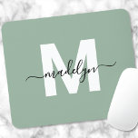 Green Modern Script Name Monogram Mouse Pad<br><div class="desc">Personalised Sage Green Initial Monogram Mouse Pad. Add a touch of elegance to your workspace with this stylish mouse pad. Featuring a soft sage green background, a crisp white initial letter, and a sleek black script name, this design is perfect for anyone who loves a clean and modern yet calming...</div>