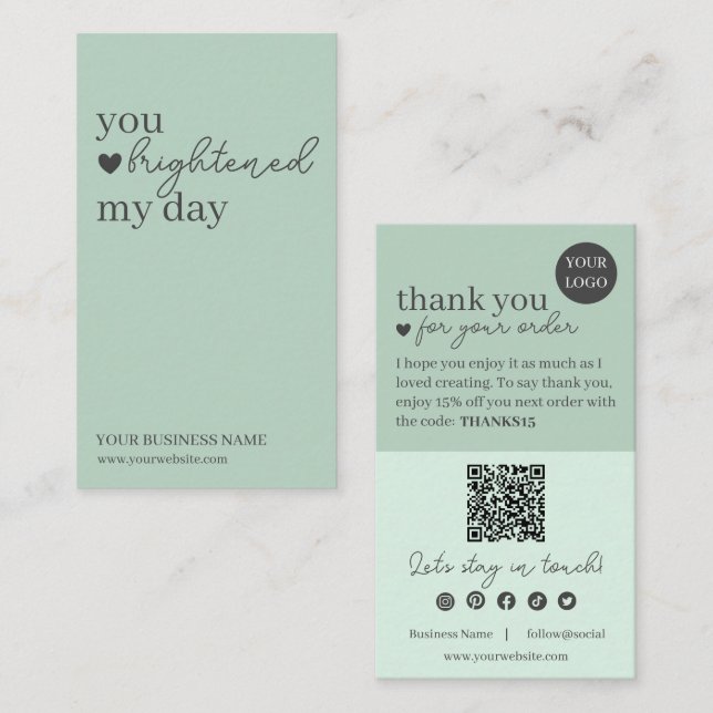 Green Modern Script QR Code, Thank You  Business Card (Front/Back)