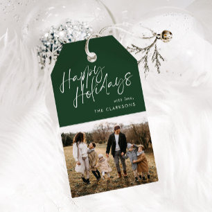 Green Modern Simple Script Photo Happy Holidays Gift Tags