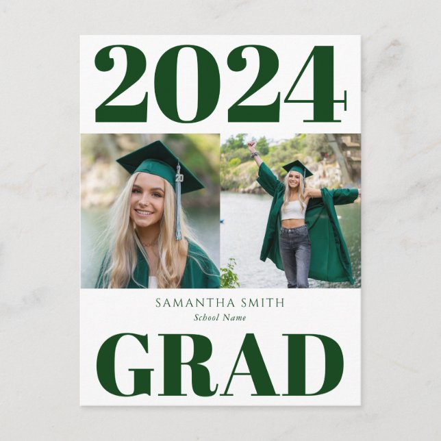 Green Modern Simple Typography 2 Photo Graduation Announcement Postcard (Front)