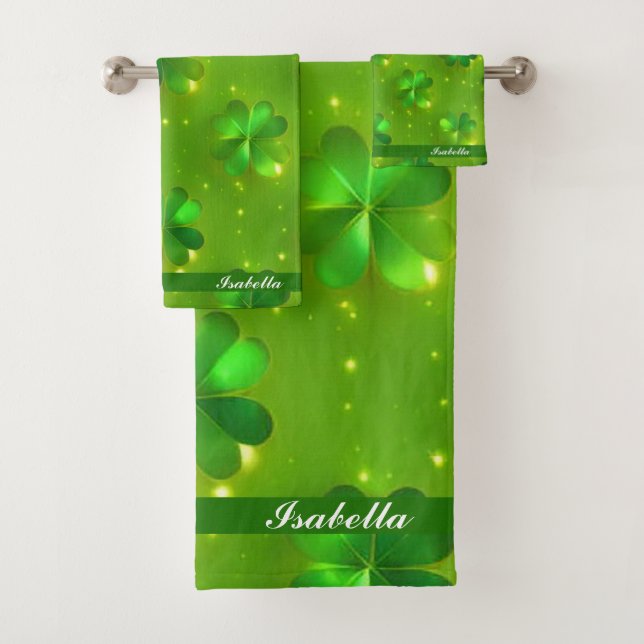 Green Modern St Patrick's Day Clover Collection Bath Towel Set (Insitu)