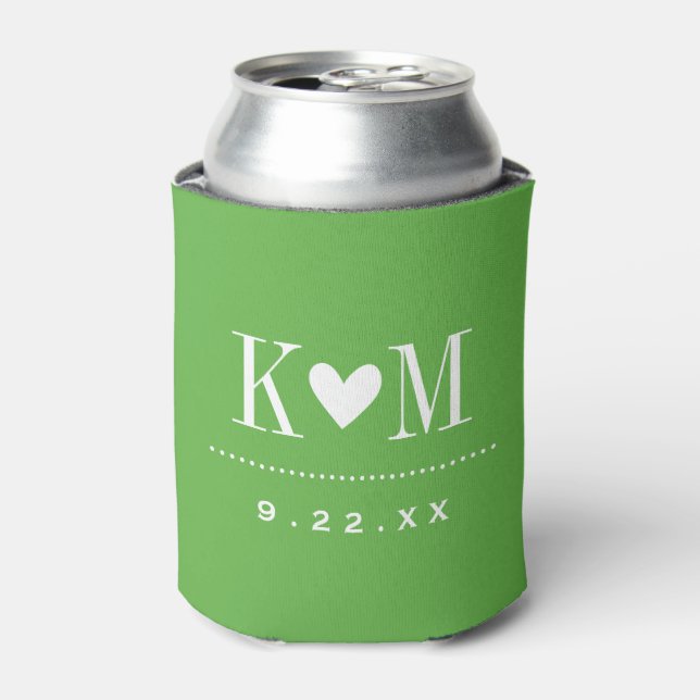 Green Modern Wedding Monogram Can Cooler (Can Front)