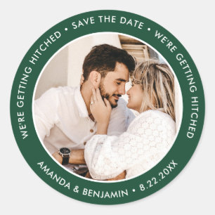 Green Modern Wedding Photo Save The Date Classic Round Sticker