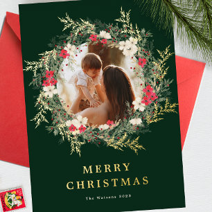 green modern wreath one photo merry christmas gold