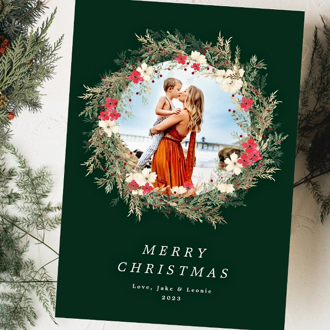 green modern wreath one photo merry christmas holiday card (Creator Uploaded)