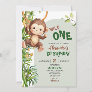 Green Monkey Wild One Safari First Birthday Invitation