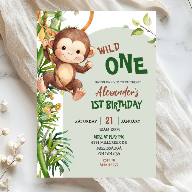Green Monkey Wild One Safari First Birthday Invitation (Creator Uploaded)