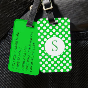 Green Monogram and Polka Dots Bright Colours Luggage Tag