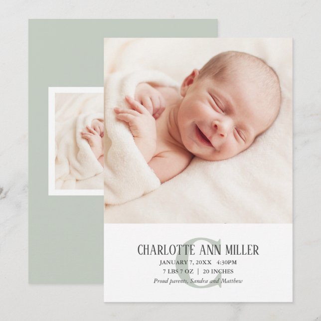 Green Monogram Baby Birth Announcement Photo Card (Front/Back)