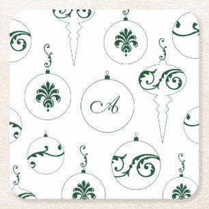 Green Monogram Bauble Christmas Ornaments Pattern Square Paper Coaster
