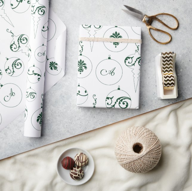 Green Monogram Bauble Ornaments Pattern Christmas Wrapping Paper (Crafts)