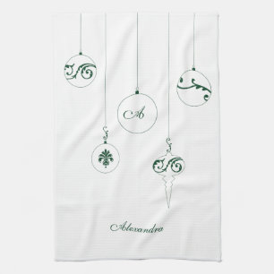 Green Monogram Bauble Ornaments Personalised Name Tea Towel