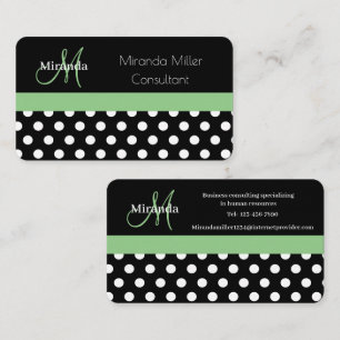 Green Monogram Black White Polka Dot Business Card