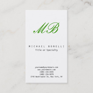 Green Monogram Black White Vertical Business Card