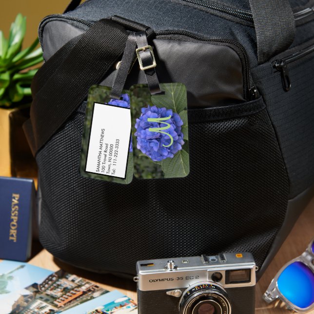 Green Monogram Blue Hydrangea Floral Luggage Tag (Front & Back)