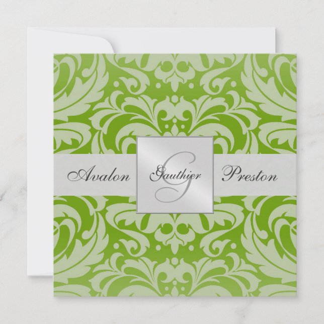 Green Monogram Damask Wedding Invitation (Front)