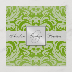 Green Monogram Damask Wedding Invitation