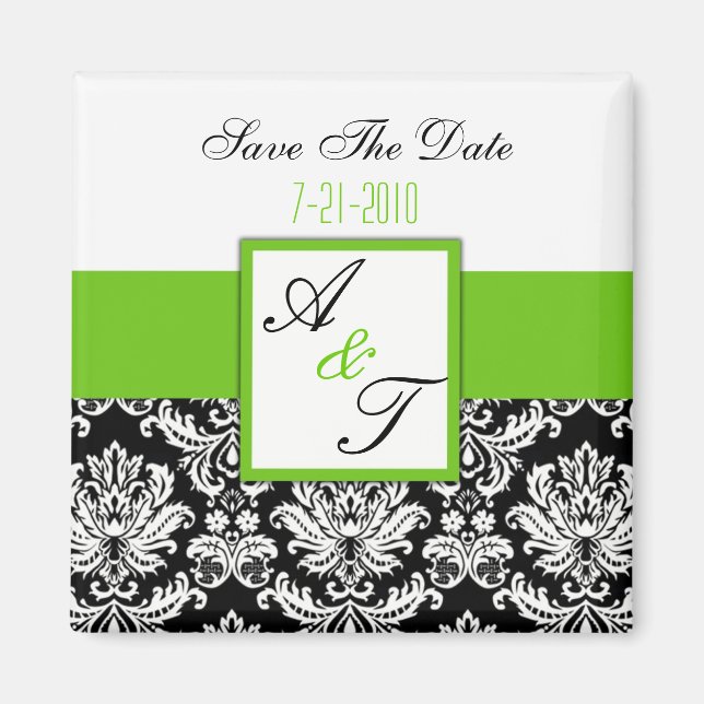 Green Monogram Damask Wedding Magnet (Front)