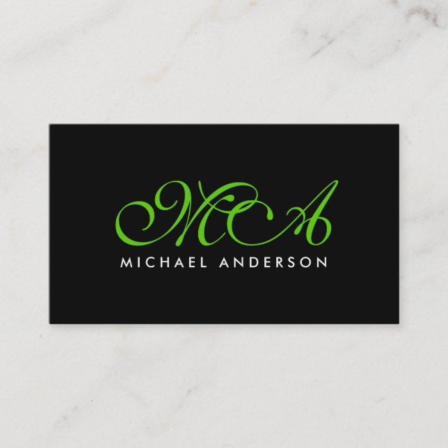 Green Monogram Elegant Script Black Background Business Card (Front)
