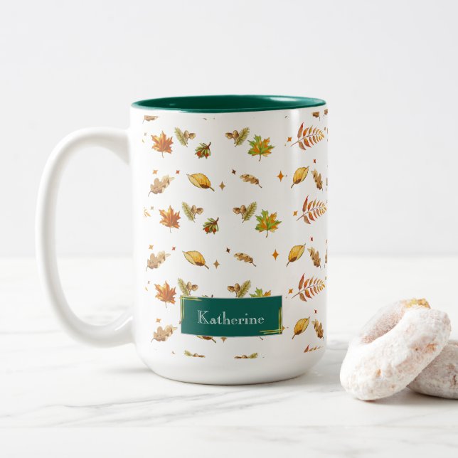 Green Monogram Fall Leaf Thanksgiving Two-Tone Coffee Mug (With Donut)