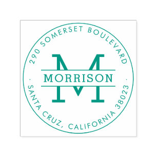 Green Monogram & Family Name Round Return Address Self-inking Stamp