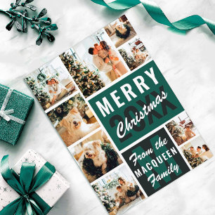 Green Monogram Family Photo Collage Christmas Card