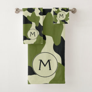 Green Monogram Large Cow Print Bath Towel Set