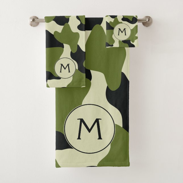 Green Monogram Large Cow Print Bath Towel Set (Insitu)