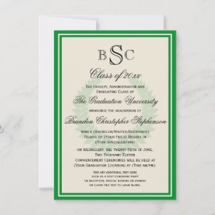 Green Monogram Laurel Classic College Graduation Invitation