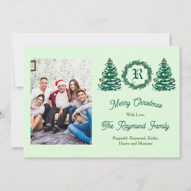 Green Monogram Picture Holiday Card (Front)