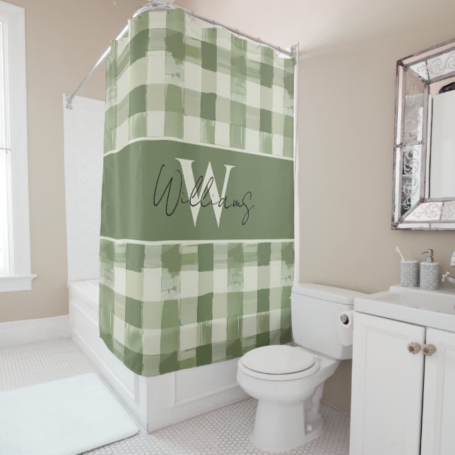 Green Monogram Plaid Gingham Custom Shower Curtain (In Situ)