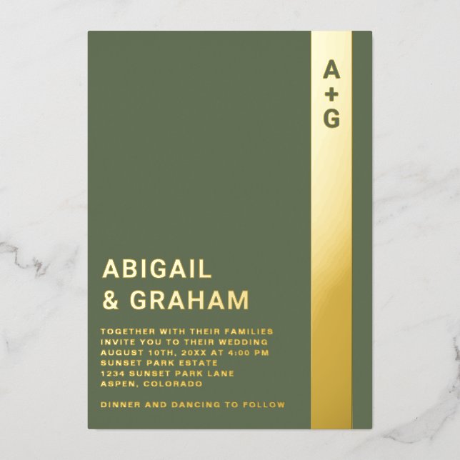 Green Monogram Wedding Foil Invitation (Front)