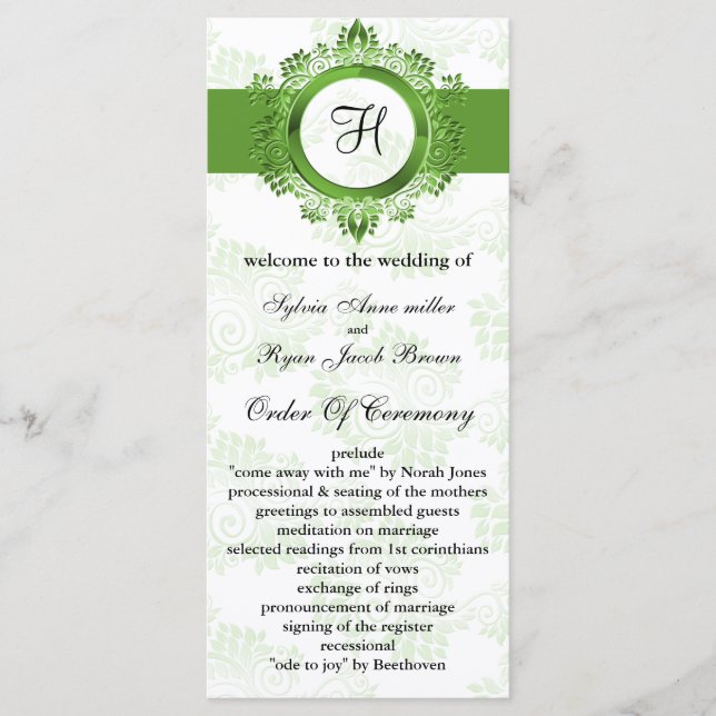 green monogram Wedding program Programme (Front)