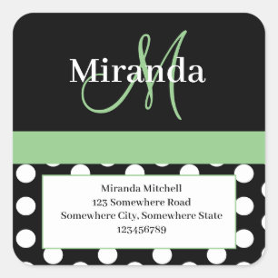 Green Monogram White Polka Dot Return Address Square Sticker