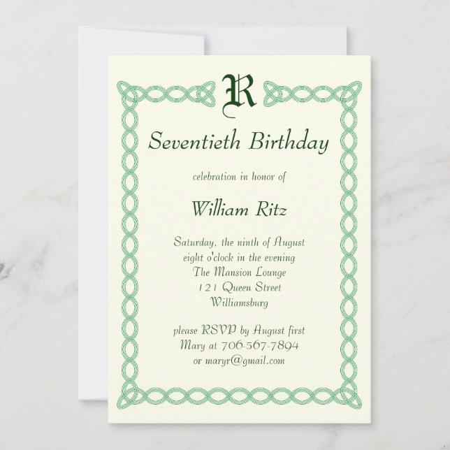 Green Monogrammed Birthday Invitation (Front)