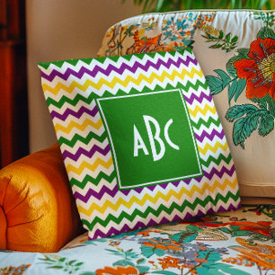 Green Monogrammed Mardi Gras Zigzag Cushion