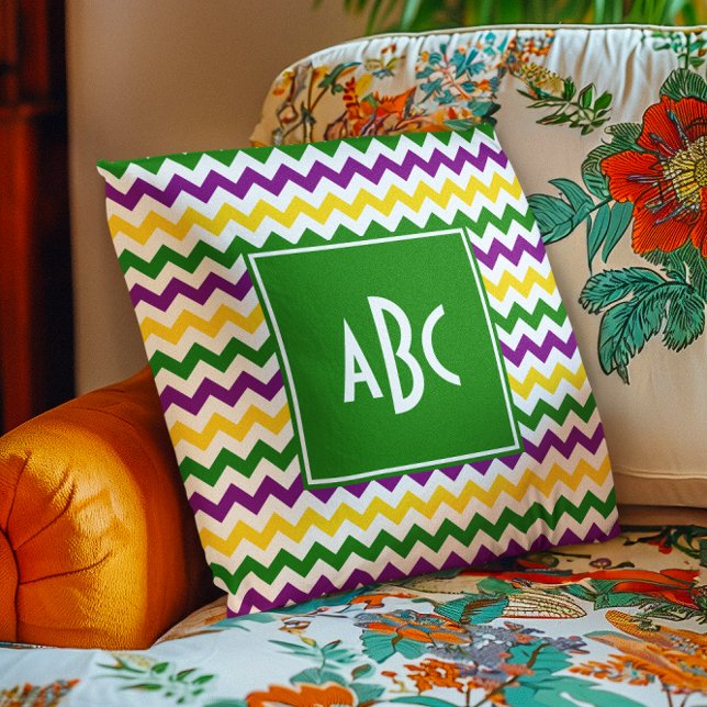 Green Monogrammed Mardi Gras Zigzag Cushion (Green Monogrammed Mardi Gras Zigzag Throw Pillow)