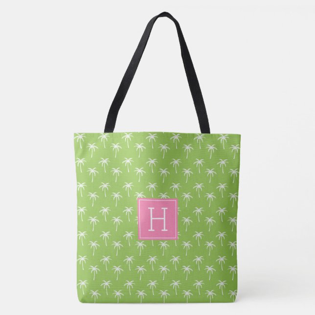 Green Monogrammed Palm Trees Pattern Tote Bag (Front)