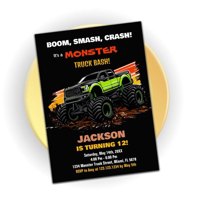 Green Monster Truck Birthday Invitations Black (Green Monster Truck Birthday Invitations Black)